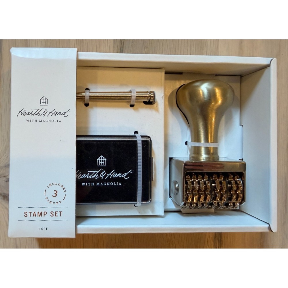 Hearth & Hand Magnolia 3-Piece Brass Stamp Set Roller Date Stamp Ink Pad NIB